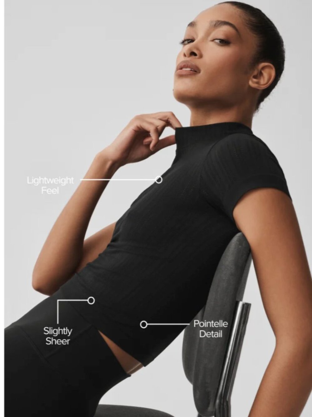 Alo Seamless Pointelle Mock Neck Short Sleeve - L black - Picture 2 of 4
